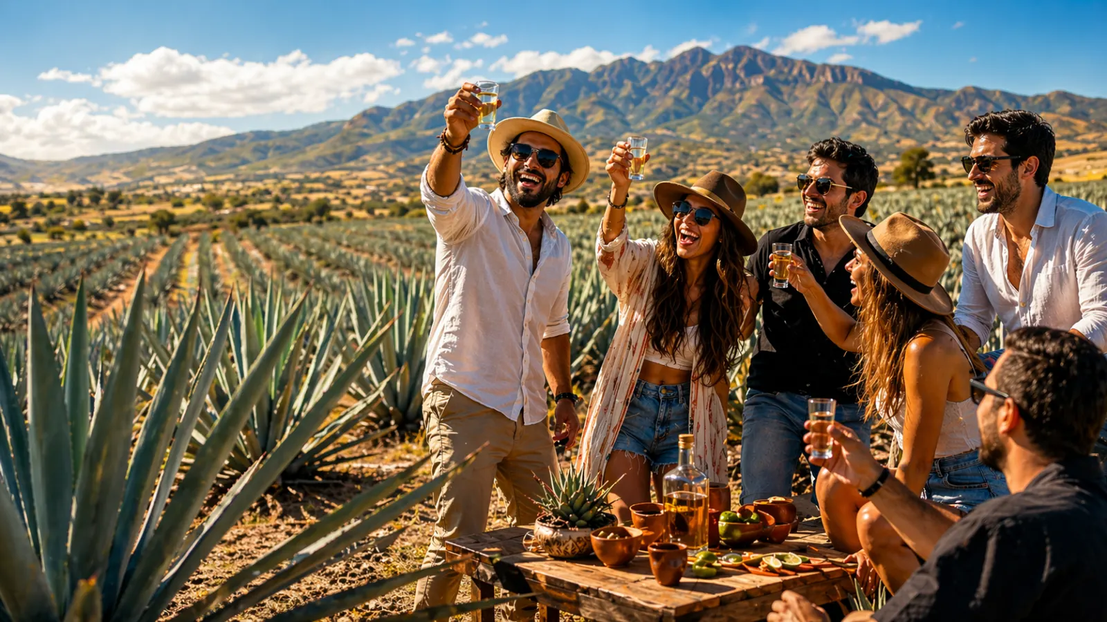 Grupo disfrutando una experiencia privada en un paisaje agavero soleado en Jalisco